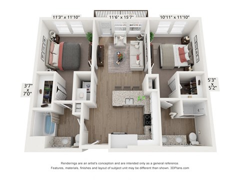 Floor plan for 2 beds, 2 baths, 917 sqft